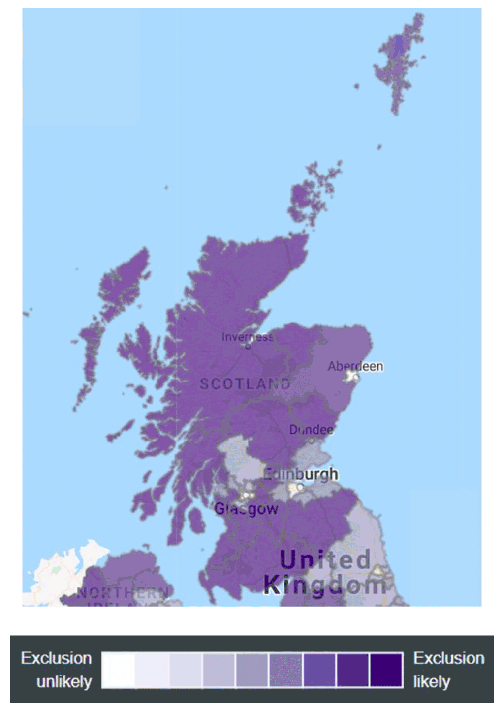A map is shown of Scotland named the 'Get Digital Heatmap' produced in 2017 by the Tech Partnership working with Lloyds banking group, the London School of Economics and Political Science (LSE) and the Local Government Association. It shows the likelihood of digital exclusion in Scotland by shading, with the lightest shade being unlikely to experience digital exclusion and the darkest shade being the most likely to experience digital exclusion. Of the thirty-two local authorities in Scotland, nineteen have a high likelihood of digital exclusion. There are only three local authorities with low likelihood of digital exclusion in Scotland: Aberdeen, Edinburgh and Glasgow.