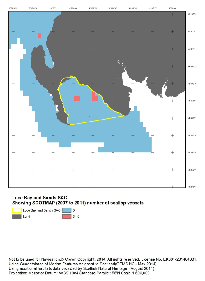 Figure G7: SCOTMAP (2007-2011) - number of scallop dredge vessels in Luce Bay and the wider area