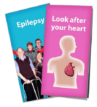 Two panflets reading 'epilepsy' and 'look after your heart'