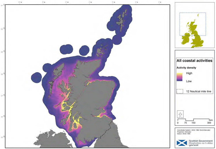 Figure 12: Combined coast and sea-based activities density map taken from the Scottish Marine Recreation and Tourism Survey (2016). © Crown copyright and database rights (2018) OS (100024655).