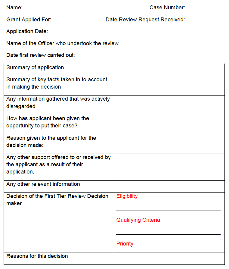 Template for Recording a First Tier Review