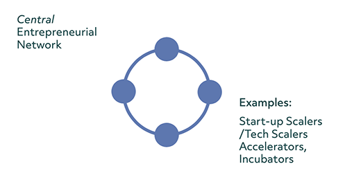 Circular outline with four dots along the line representing supports in the central entrepreneurial network. Examples given are start-up scalers/ tech-scalers, accelerators and incubators.