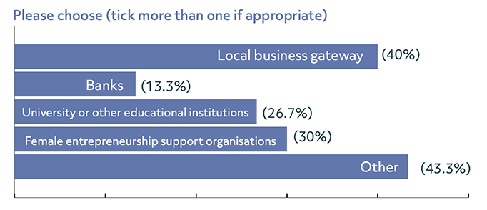 A bar chart showing responses to the survey question “When you first looked into starting a business, from where did you obtain assistance?”

Local business gateway: 40%
Banks: 13.3%
University or other educational institutions: 26.7%
Female entrepreneurship support organisations: 30%
Other: 43.3%