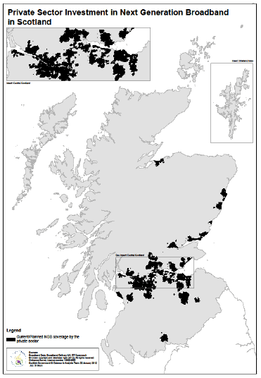 Map 1 shows in black, current and planned next generation broadband coverage in Scotland.