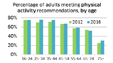 Percentage of adults meeting physical activity recommendations, by age