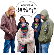 A person being bullied by four people in hoodies who are shouting abuse.