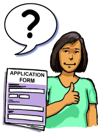 A speech bubble with a question mark in it. Below this is an application form and a smiling woman making a thumbs up sign
