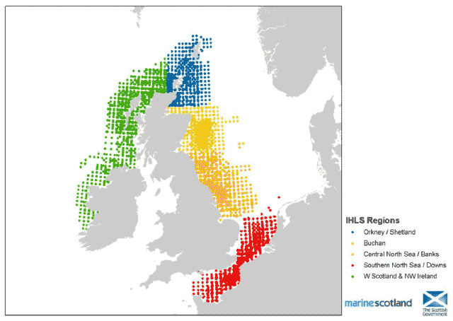 Figure 2: Distribution of International Herring Larvae Survey (IHLS) hauls, highlighting sampling regions, from 1972 to 2011