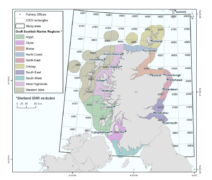 Figure 2: ScotMap study area, fishery offices (or Districts), provisional Scottish