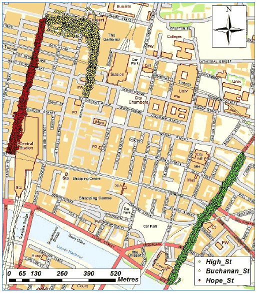 Figure 4.5 Sampling Points – Hope Street, High Street and Sauchiehall St/Buchanan St