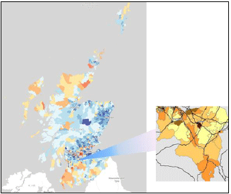 Figure 2: National Scottish Index of Multiple Deprivation (SIMD) datazones for reporting by local authorities and the local environmental deprivation indicator approach (SLIMD) developed by South Lanarkshire Council.