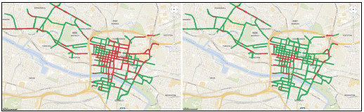Figure 7: Comparison of the changes to modelled NO2 for different traffic scenarios for kerbside points in Glasgow, through the online data analysis application.