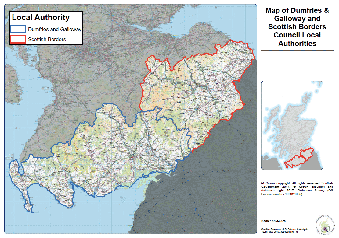 Map of Dumfries & Galloway and Scottish Borders Council Local Authorities