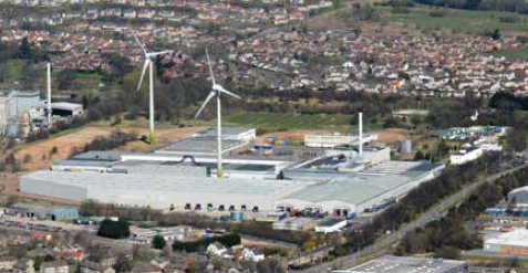 Two wind turbines supplying electricity to the Michelin tyre factory in Dundee.