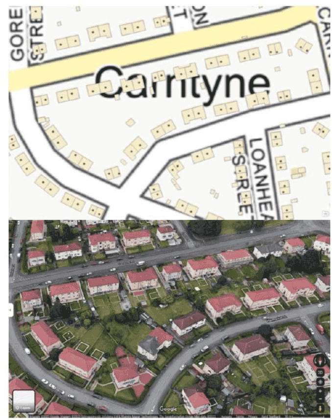 A map of a street of four-in-a-block buildings and a satellite view of the same area.