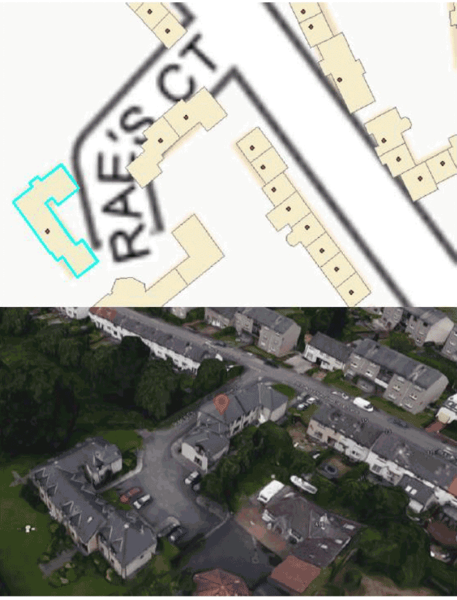 A map of street with a low rise block of flats and a satellite image of the same area.