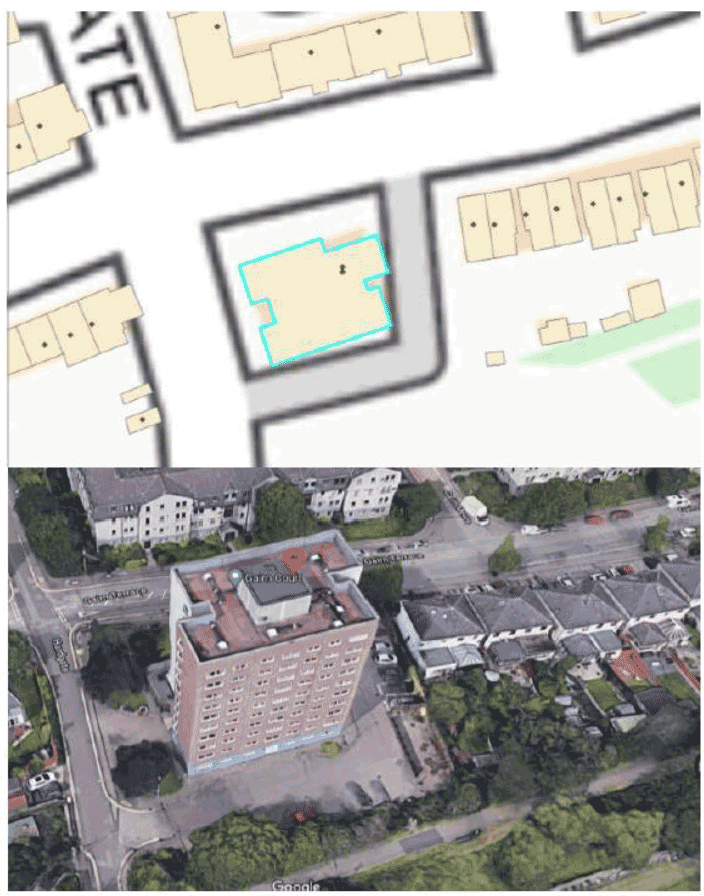 A map of a street with a high rise block of flats and a satellite view of the same area.