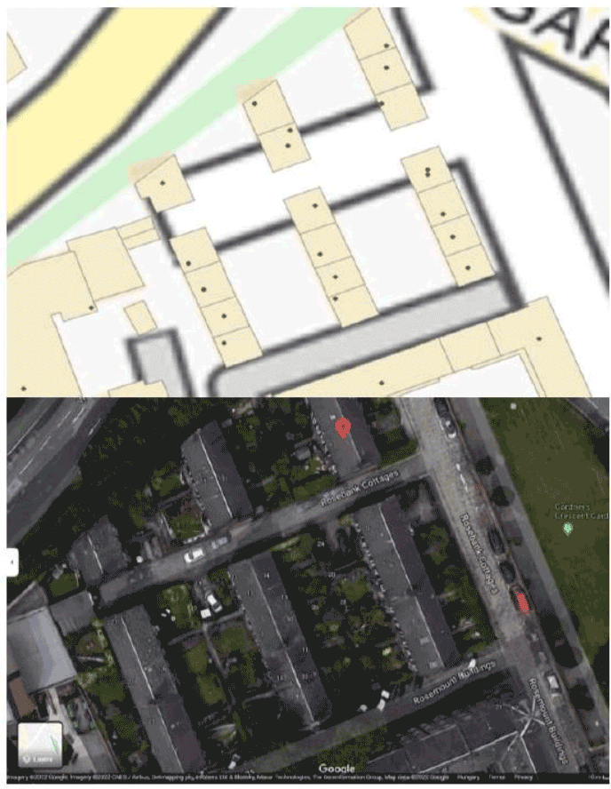 A map of a street with some terraced flats and a satellite image of the same area.