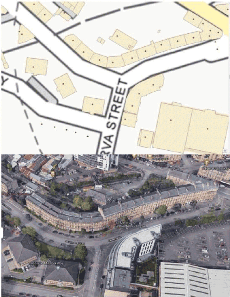 A map of a street with tenement flats and a satellite view of the same area. 