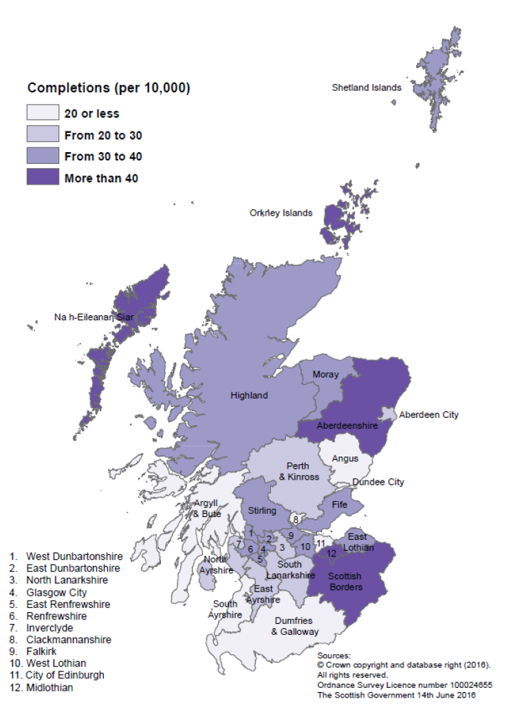 Map A: New build housing - all sector completions: rates per 10,000 population, year to end December 2015