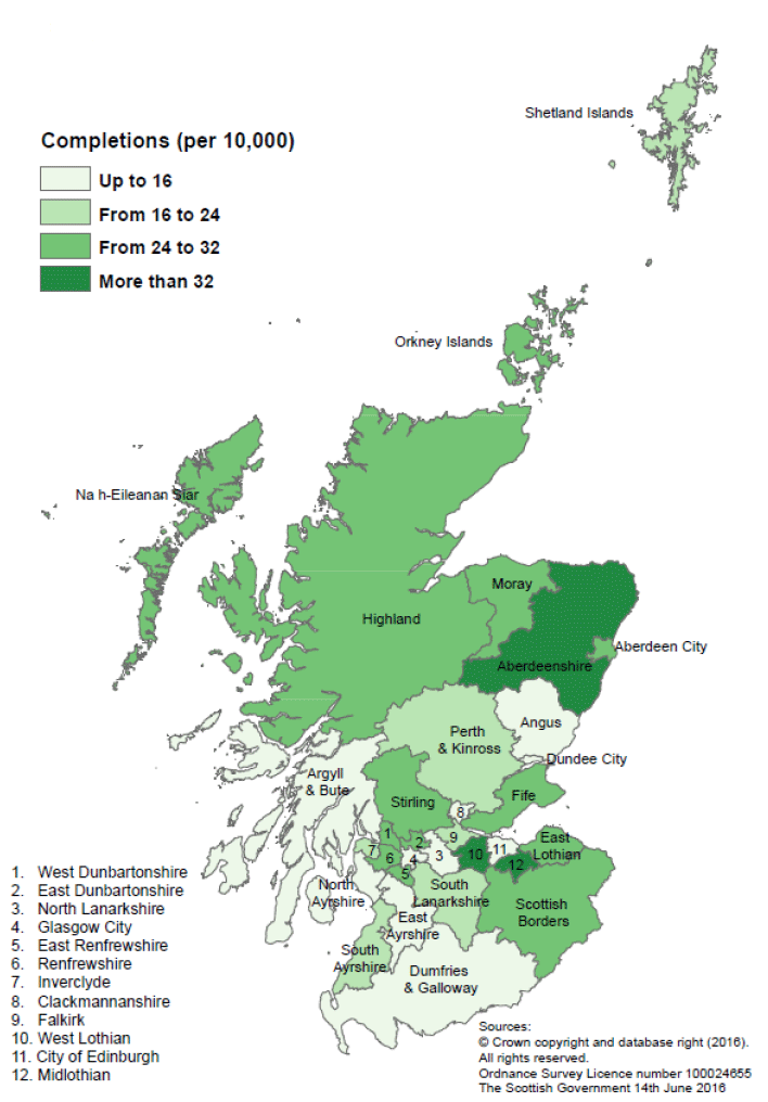 Map B: New build housing - private sector completions: rates per 10,000 population, year to end December 2015