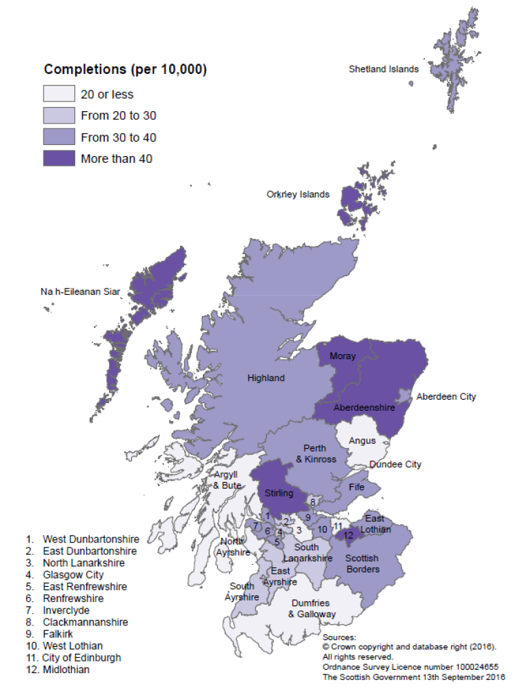 Map A: New build housing - all sector completions: rates per 10,000 population, year to end March 2016