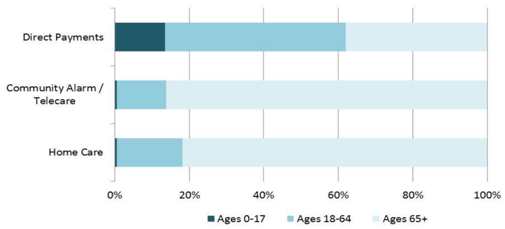 Figure 9: Home Care, Community Alarm/Telecare and Direct Payments clients, by age, 2016