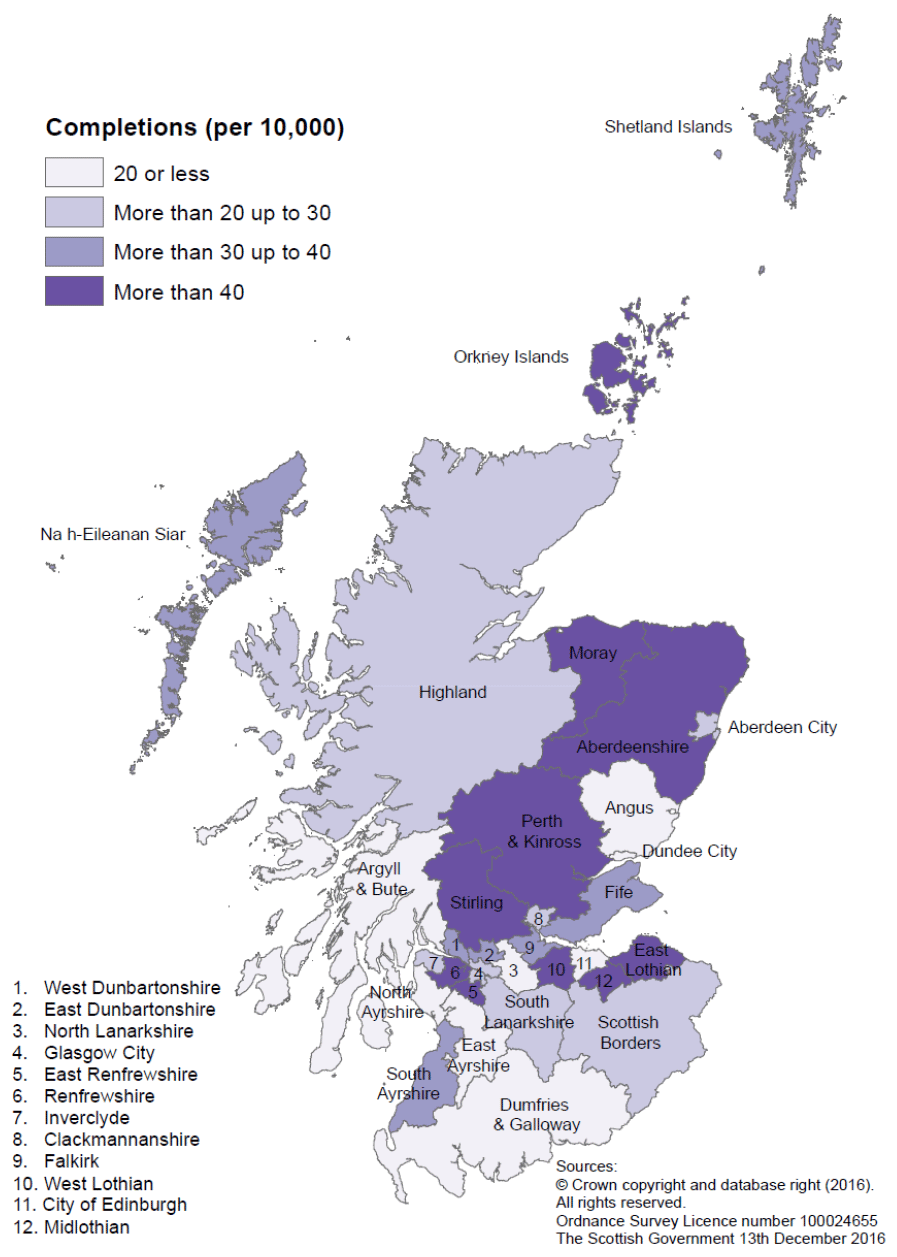 Map A: New build housing - all sector completions: rates per 10,000 population, year to end June 2016
