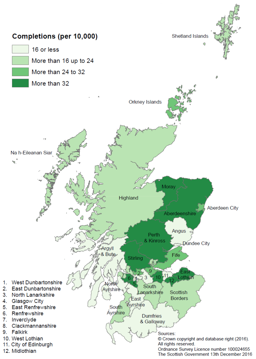 Map B: New build housing - private sector completions: rates per 10,000 population, year to end June 2016