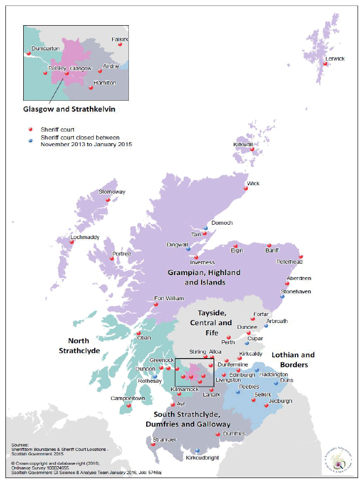 Figure 15: Location of the sheriff courts in Scotland in 2015-16