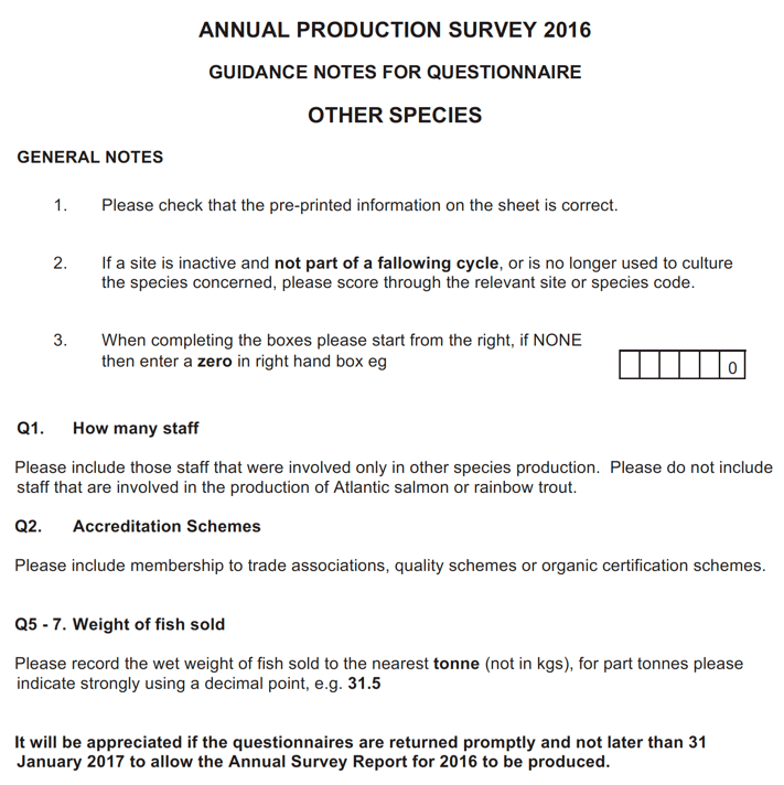 Annual Production Survey 2016: Guidance Notes for Questionnaire: Other Species