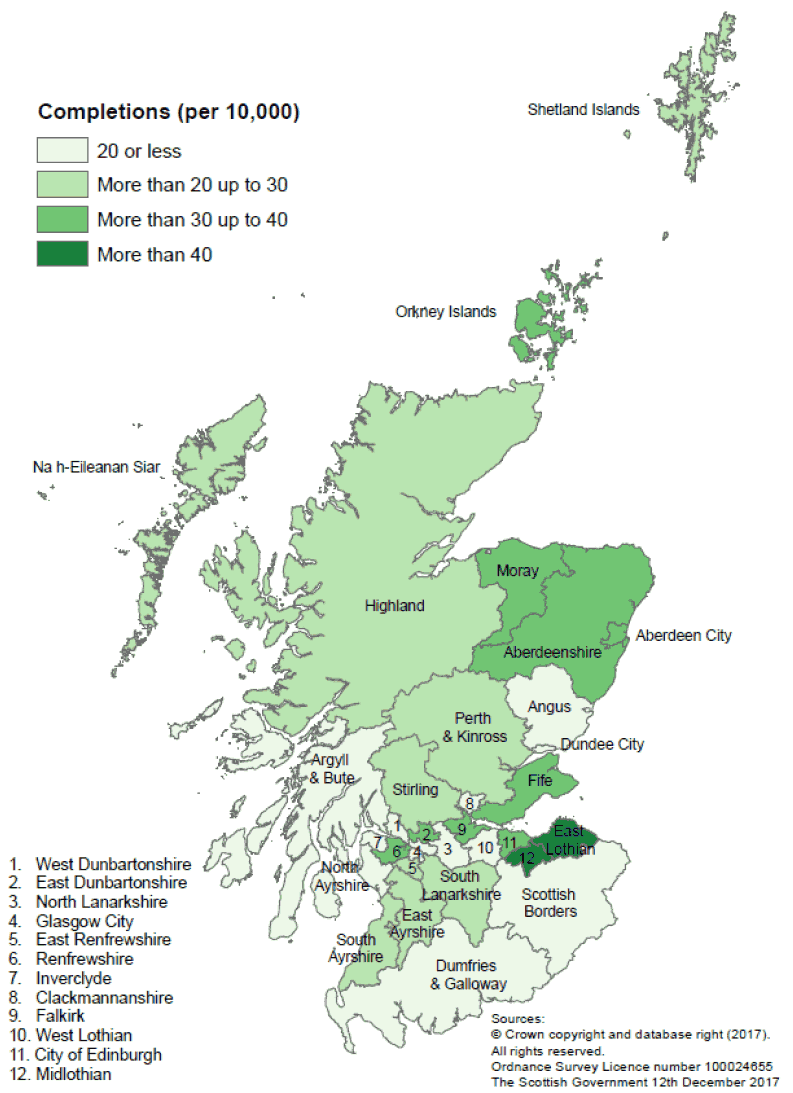 Map B: New build housing – private sector completions: rates per 10,000 population, year to end June 2017