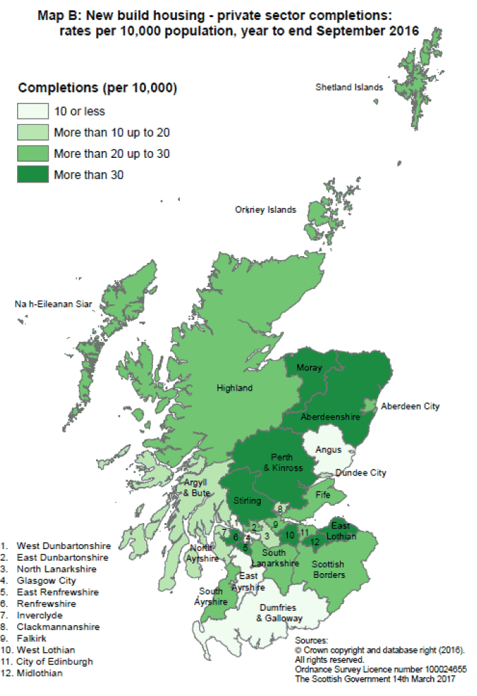  Map B: New build housing - private sector completions: rates per 10,000 population, year to end September 2016