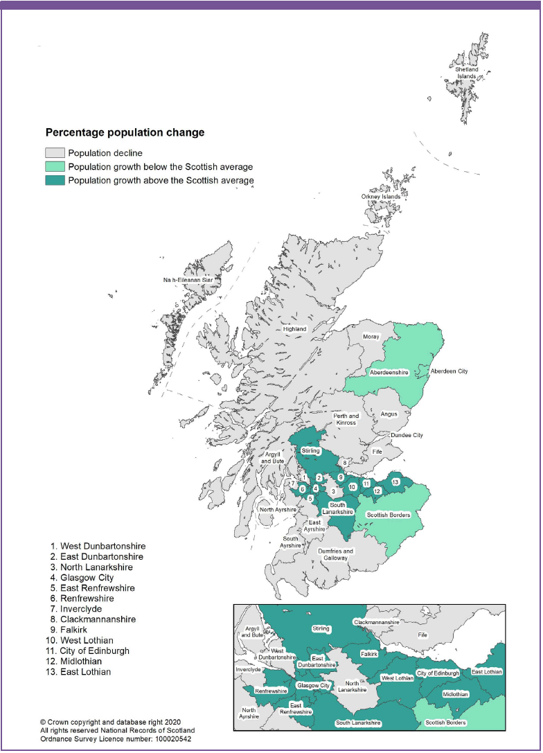 Map of Scotland showing percentage change in population by council area, 2018-2043 (National Records of Scotland)