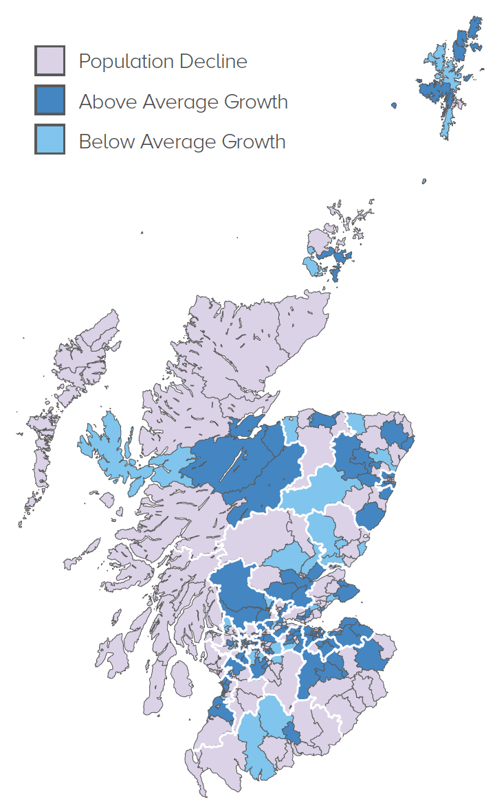 Map showing Population Projections across different council areas in Scotland