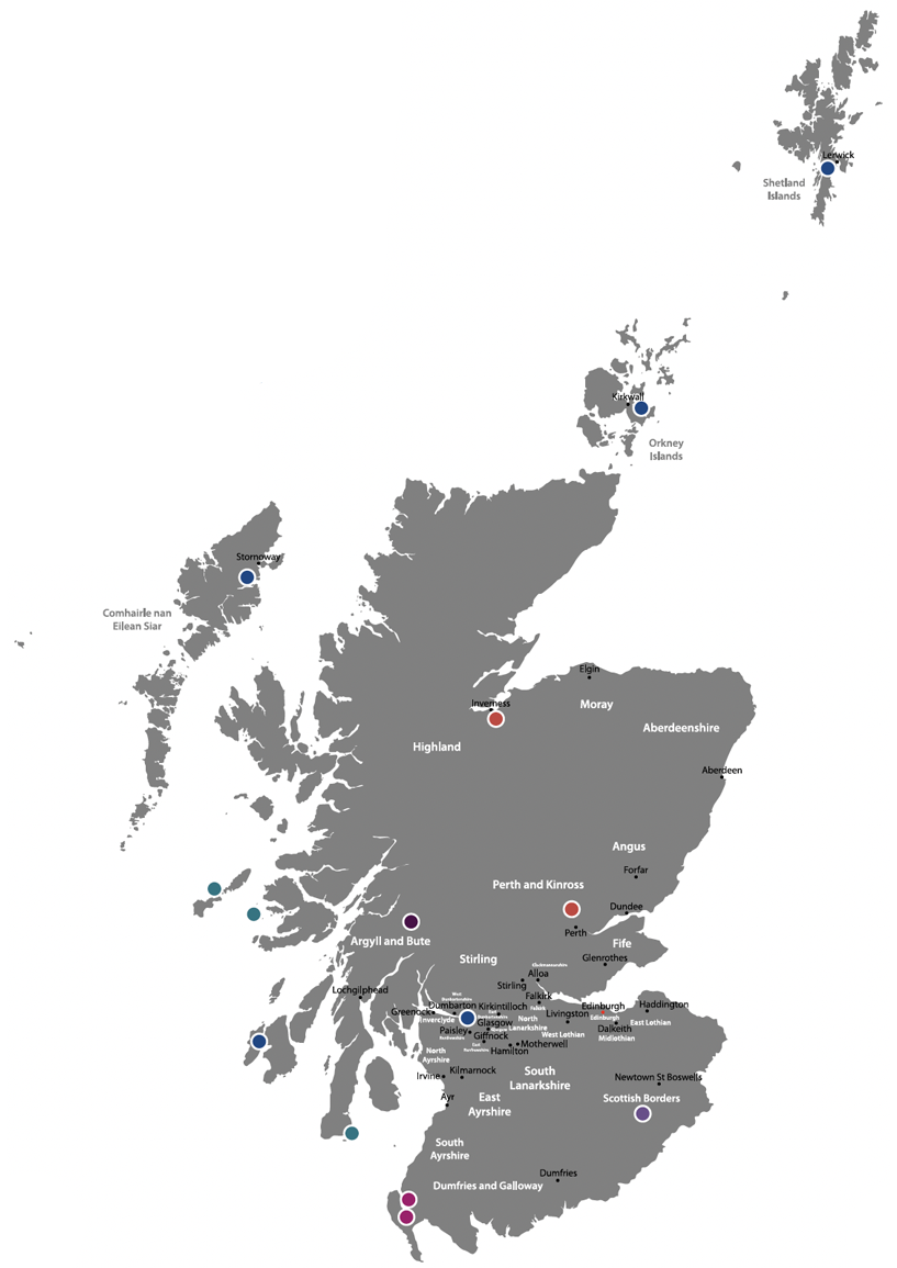 Map showing the five projects funded through the Mobility as a Service Investment Fund across Scotland.